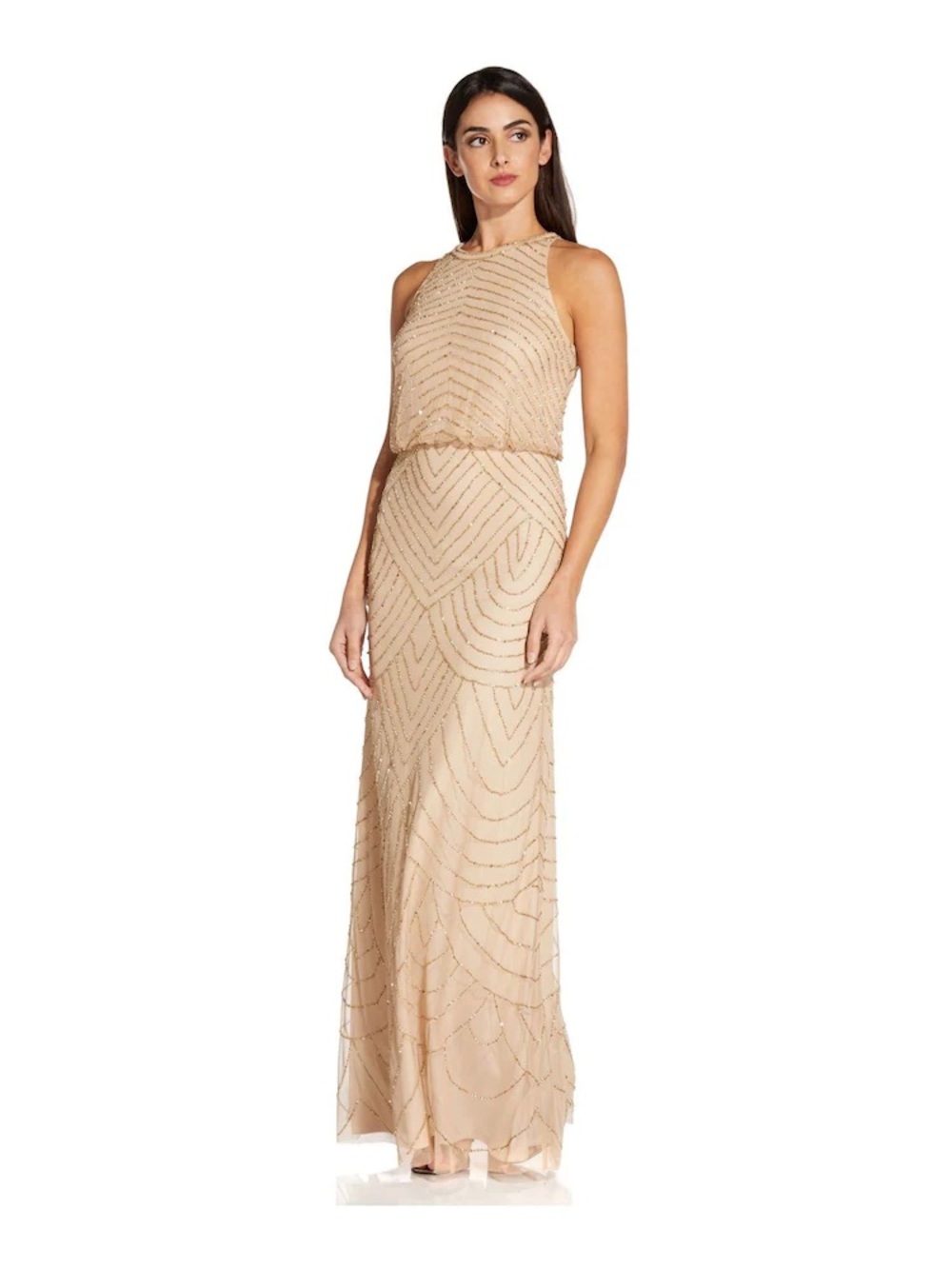 Adrianna Papell Long Formal Dress 10 Blush Sequin Wedding Party Cruise